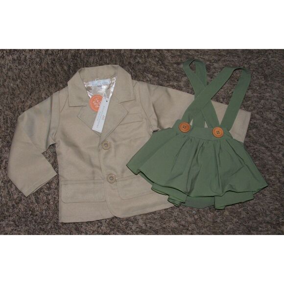 NEW Girls Sz 0-3 Months Green Skirt & Tan Suit Jacket 2 Pc Set BAILEYS BLOSSOMS - Picture 1 of 2